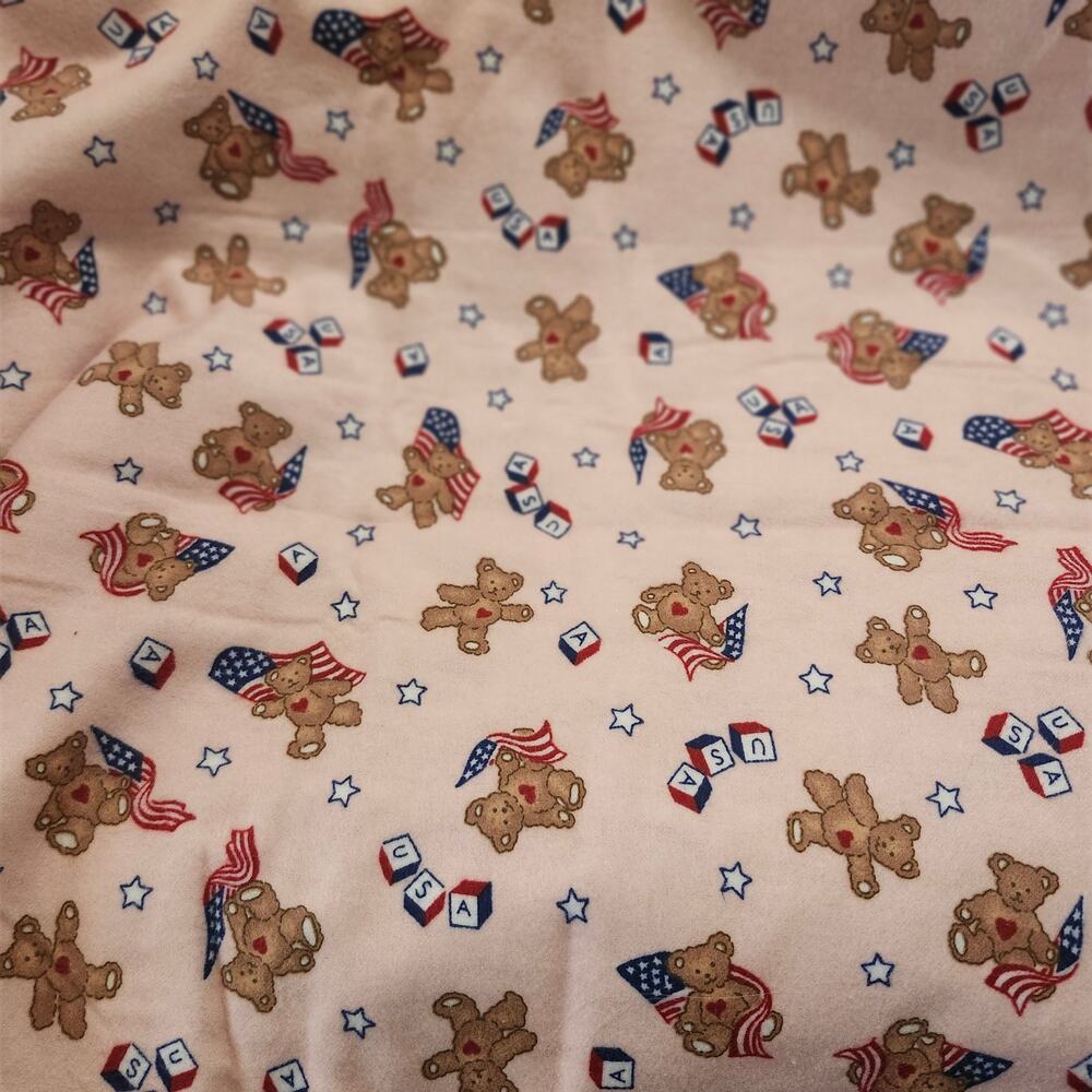 3 Yards Pink Teddy Bear Flannel Fabric US Flags USA Stars 43in Fr
